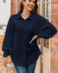Solid Cable Knit Textured Puff Sleeve Shacket