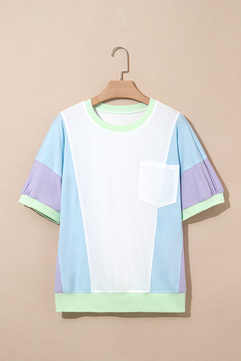 Colorblock Patchwork 3/4 Sleeve Chest Pocket T-Shirt