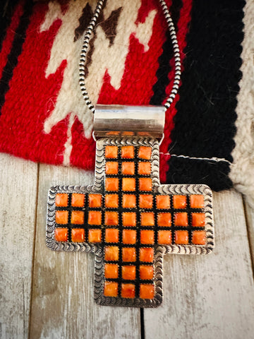 Navajo Sterling Silver & Orange Spiny Cross Pendant by Marcella James