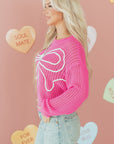 Valentine Bow Hollowed Knit Drop Shoulder Sweater