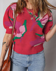 Floral Abstract Short Puff Sleeve Sweater