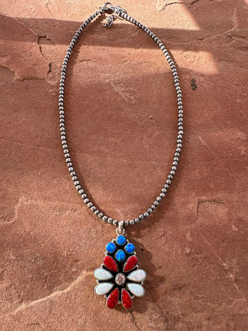 4th Of July Collection Handmade Sterling Silver & Red, White & Blue Fire Opal Cluster Necklace