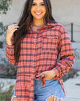 Plaid Button-Up Distressed Hem Long Sleeve Shirt