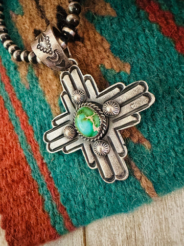 Navajo Sterling Silver Sonoran Gold Turquoise Cross Pendant-Kevin Billah