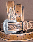 Nocona Leather Mens Belt Basketweave Tooled 1-1/2 In Wide Ostrich Brown