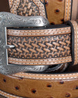 Nocona Leather Mens Belt Basketweave Tooled 1-1/2 In Wide Ostrich Brown