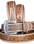 Nocona Leather Mens Belt Basketweave Tooled 1-1/2 In Wide Ostrich Brown
