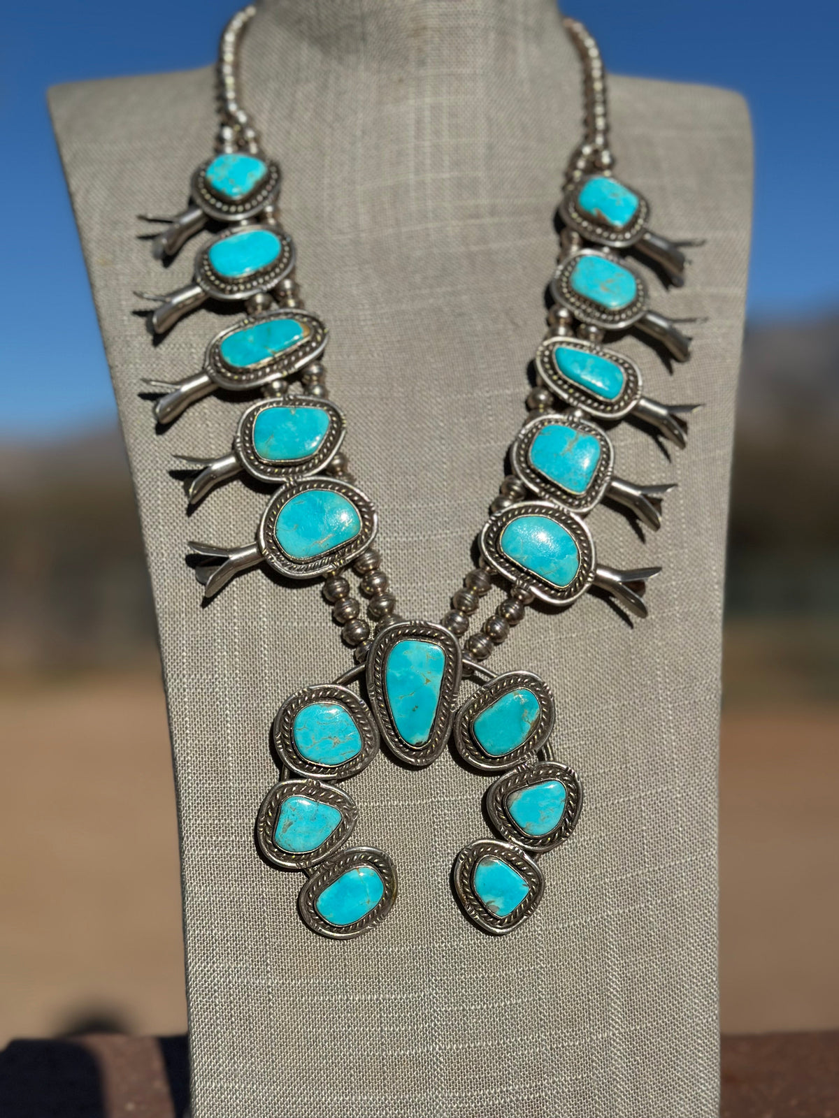 Estate Collection Old Pawn Navajo Turquoise & Sterling Silver Squash Blossom Necklace