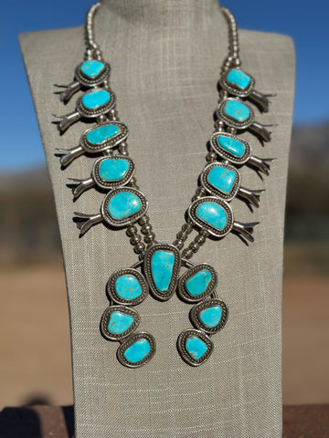Estate Collection Old Pawn Navajo Turquoise & Sterling Silver Squash Blossom Necklace