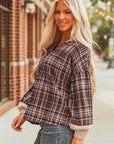 Plaid Quarter-Button Patchwork Long Sleeve Hooded Blouse