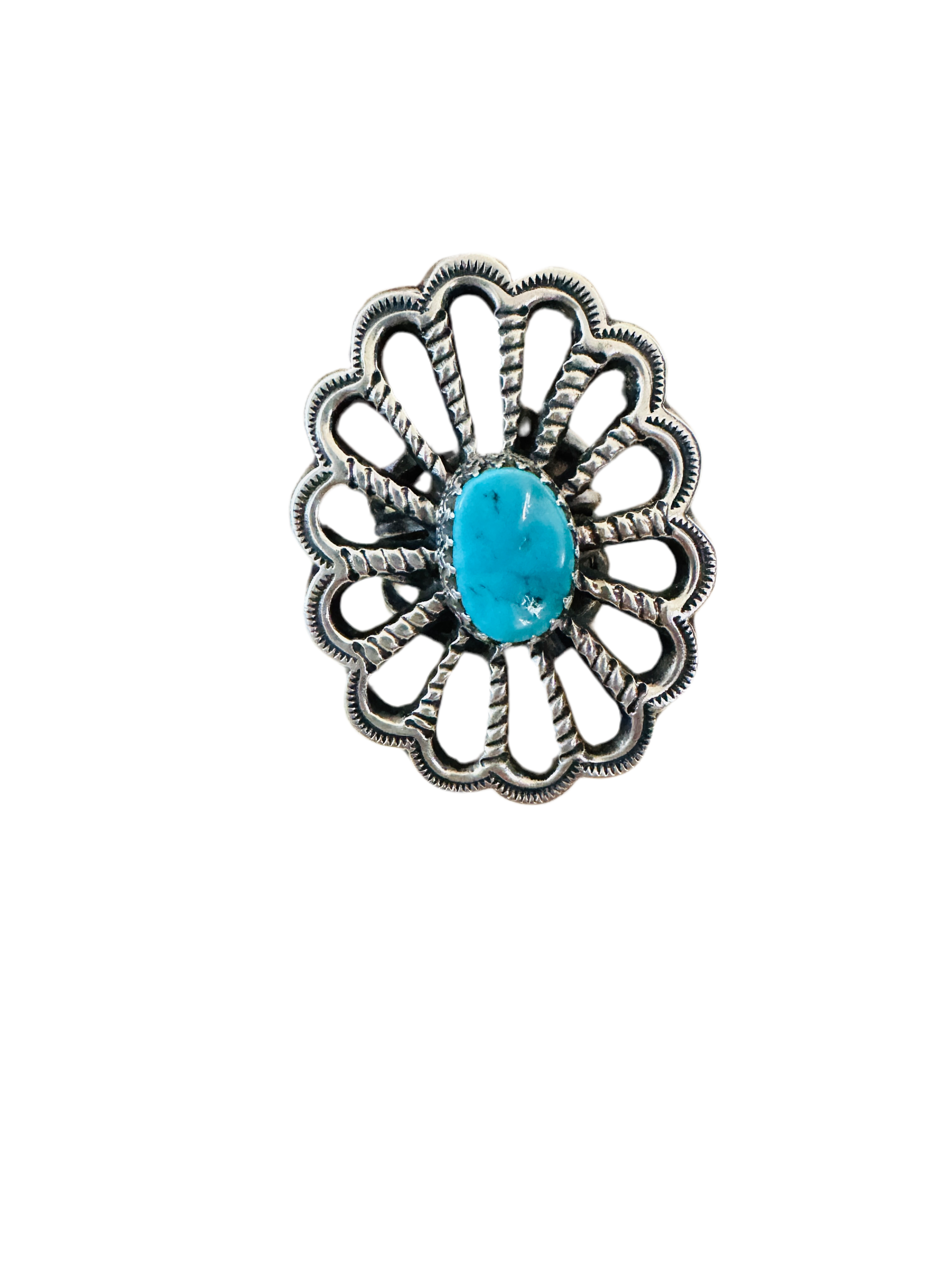 Old Pawn Navajo Sterling Silver & Turquoise Flower Ring Size 7.5