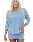 Solid V-Neck Raw Hem Long Sleeve Top