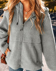 Fleece Zip Up Drawstring Hooded Pocketed Jacket