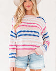 Stripe Eyelet Knit Drop Shoulder Sweater