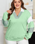 Moonlight Jade Color Block Striped Patchwork Collar V Neck Plus Size Sweatshirt