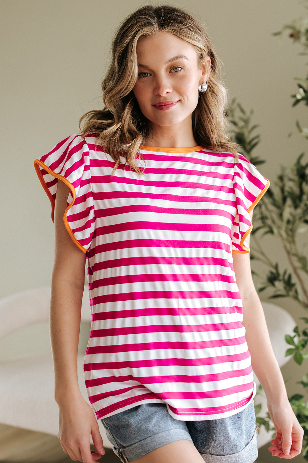 GloriaStriped Ruffle Sleeve Crew Neck Blouse