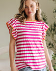 GloriaStriped Ruffle Sleeve Crew Neck Blouse