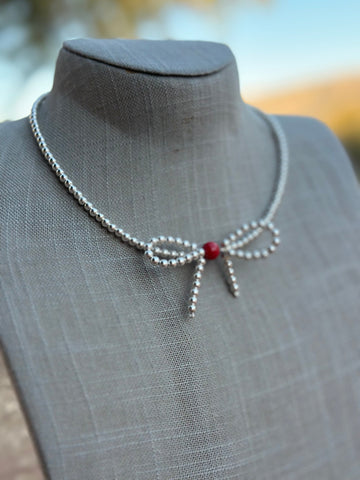 Stylish Sterling Silver Coral & Christmas Pearl Bow Tie Necklace