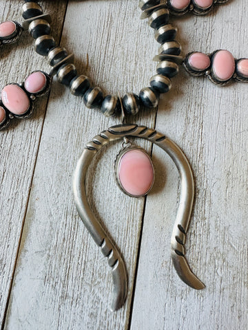 Navajo Sterling Silver Pink Conch Squash Blossom Necklace Set