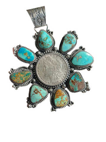 Apache Sterling Silver, Morgan Dollar and Natural Royston and Pilot Mountain Turquoise Pendant by Rosella Paxson