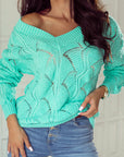 Hollow-Out Knit V-Neck Drop Shoulder Sweater
