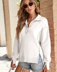 Solid Collared Drop Shoulder Side Slit Sweatshirt