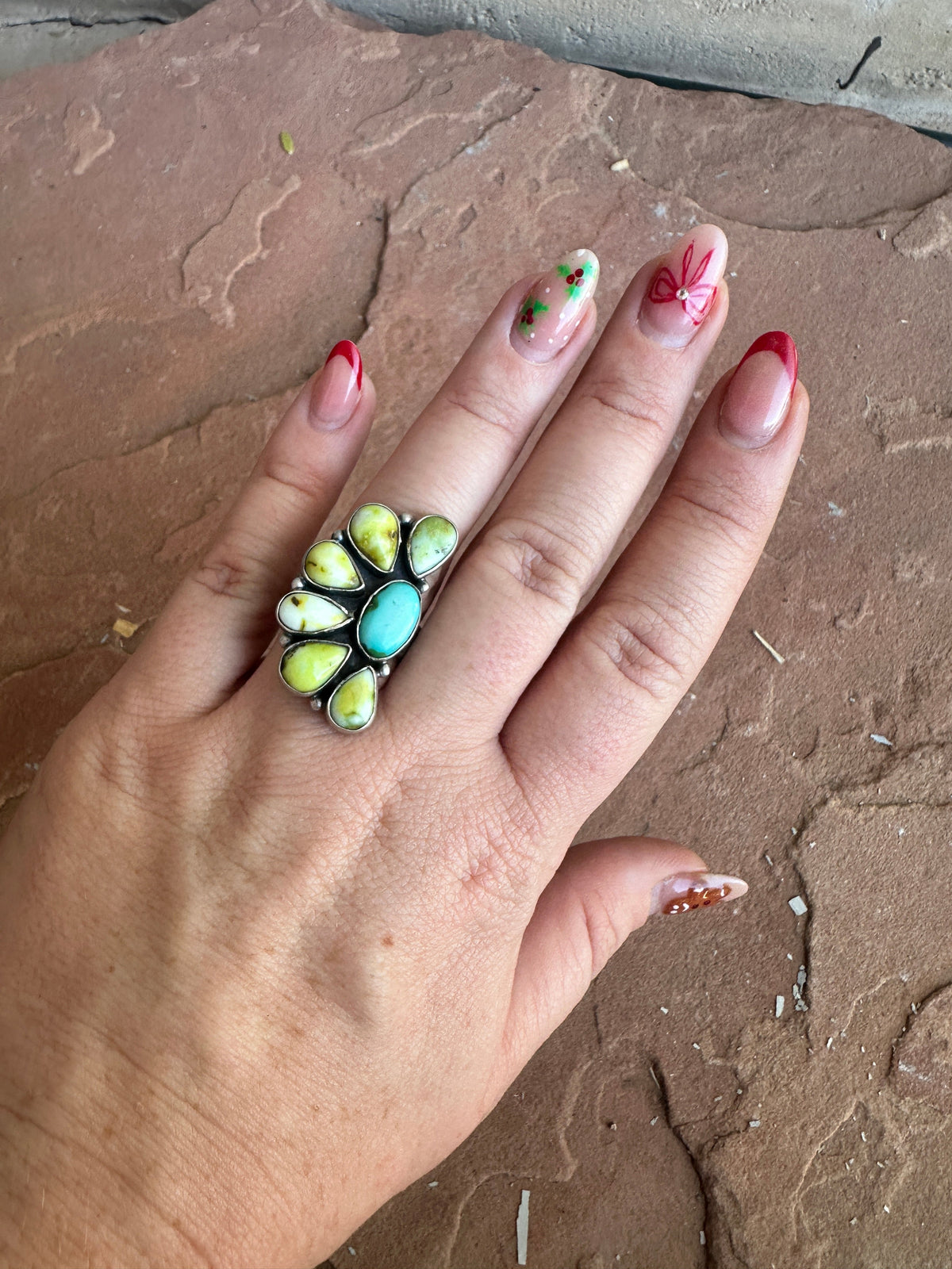 Handmade Sonoran Mountain Turquoise, Palomino Turquoise & Sterling Silver Adjustable Crescent Ring