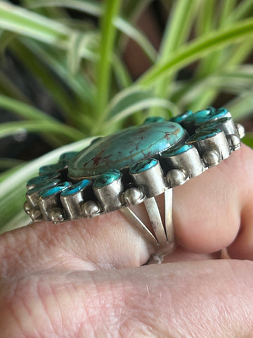 Navajo Sterling Silver Around The World Kingman Cluster Ring by B Yellowhorse, Size 7.5