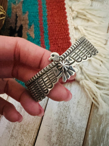 Navajo Hand Stamped Sterling Silver Thunderbird Cuff Bracelet by Darell Carmen