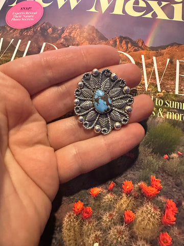 Handmade Sterling Silver Golden Hills Turquoise Adjustable FLOWER Ring Signed Nizhoni TEARDROP