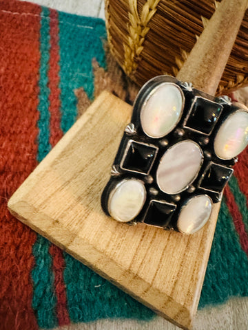 Navajo Sterling Silver, Onyx & Mother of Pearl Cluster Adjustable Ring by Charles Johnson