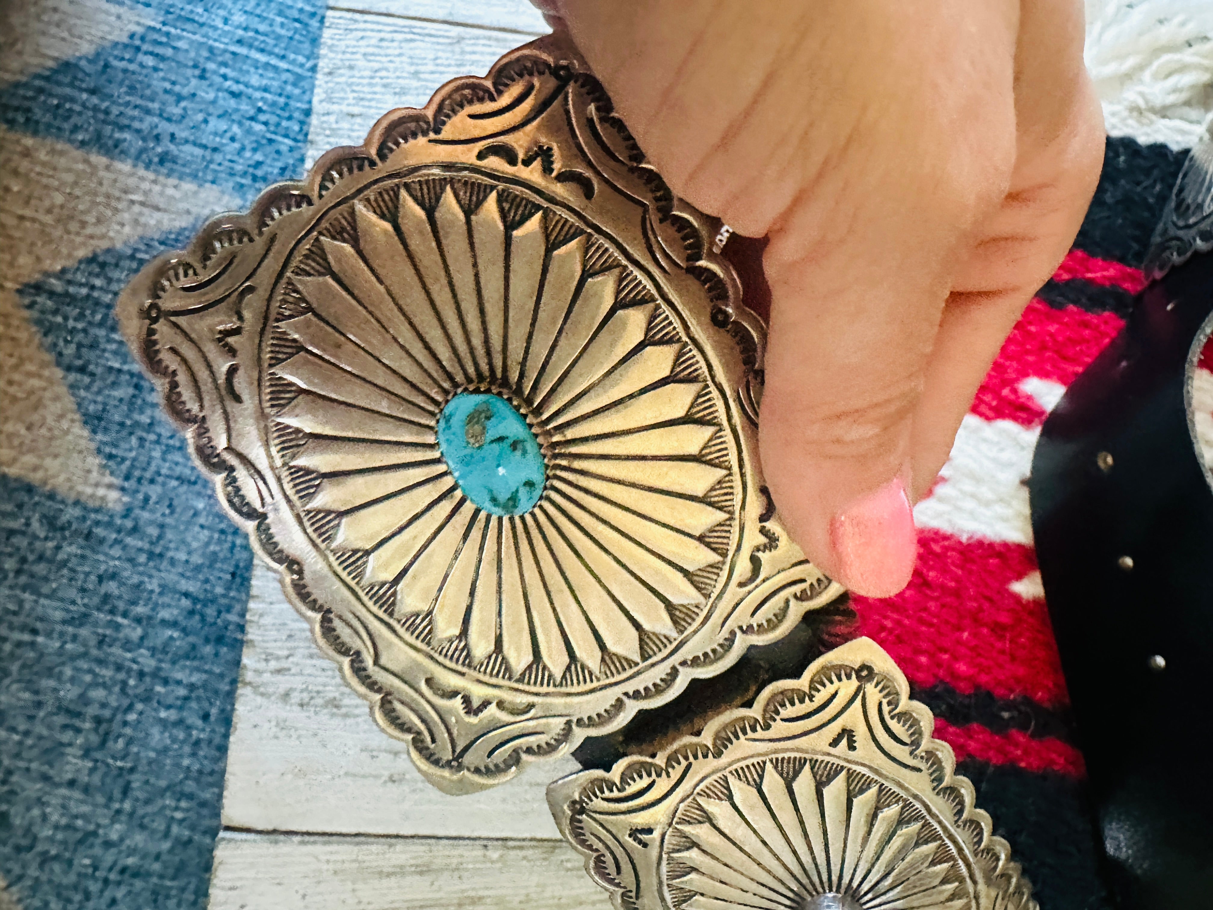 Vintage Navajo Black Leather And Sterling Silver Turquoise Concho Belt