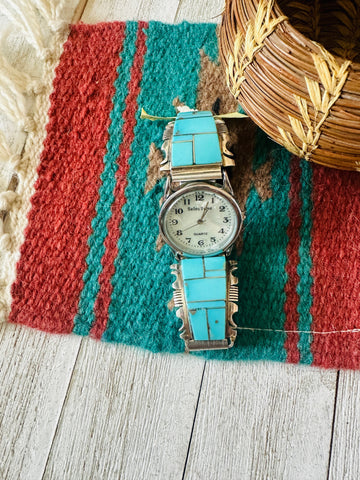 Old Pawn Vintage Navajo Turquoise & Sterling Silver Inlay Watch