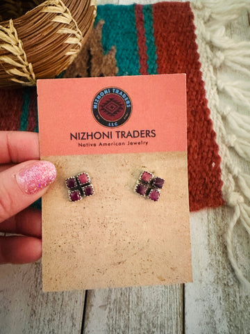 Navajo Sterling Silver & Purple Spiny Cluster Stud Earrings
