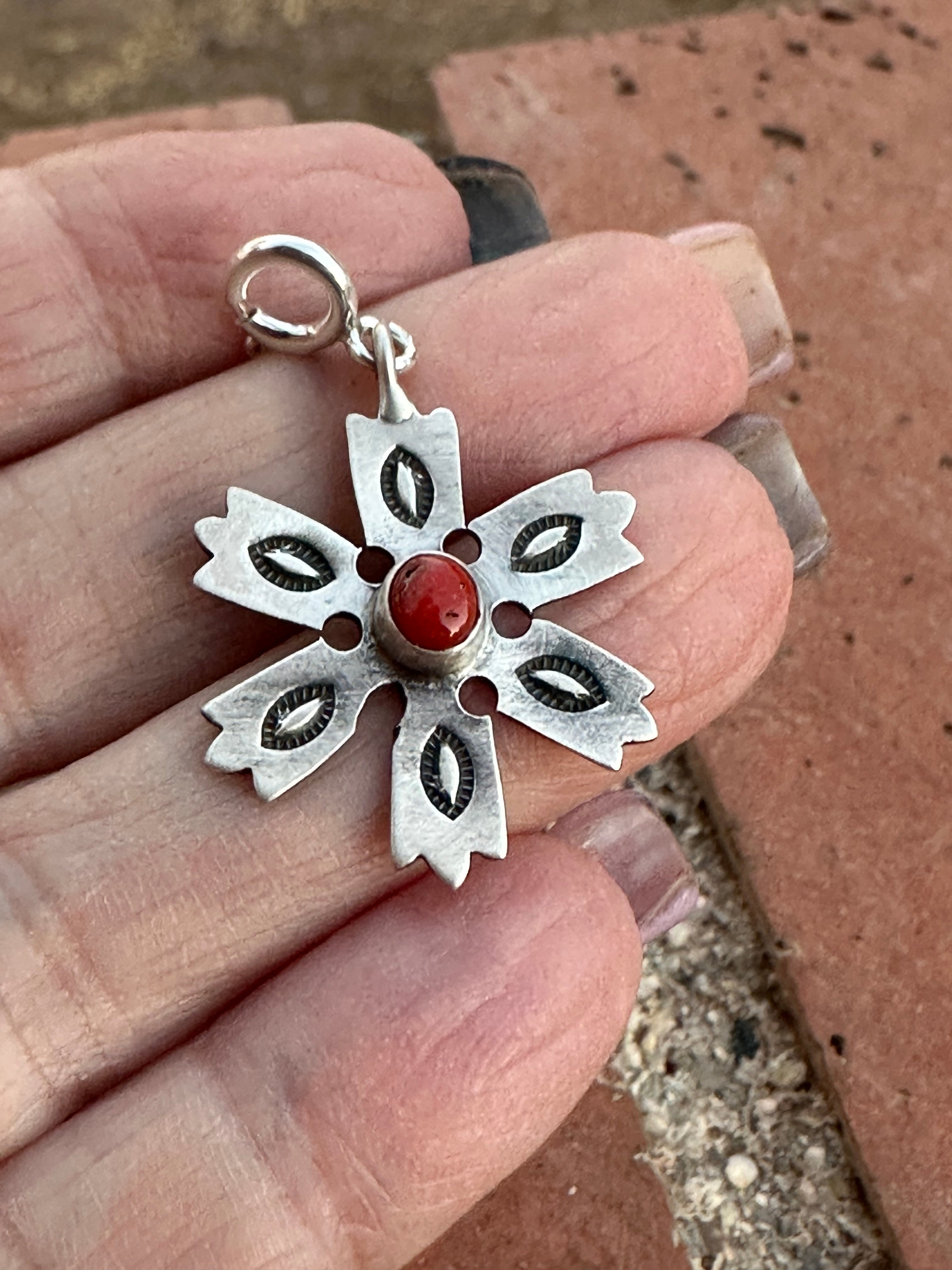 Handmade Sterling Silver and Coral CHRISTMAS SNOWFLAKE Charm