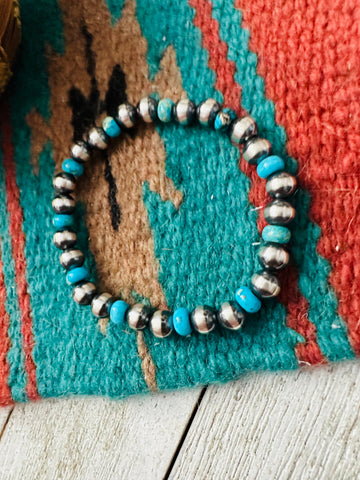 Navajo Turquoise & Sterling Silver Pearl Beaded Stretch Bracelet