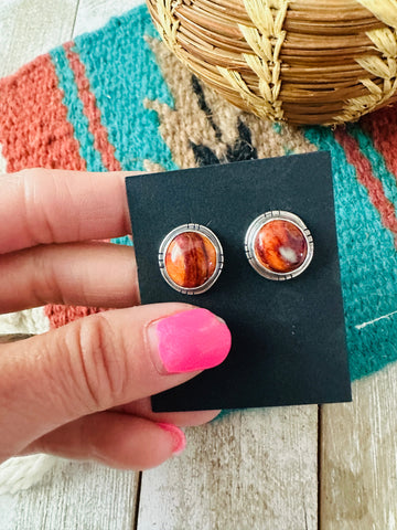 Navajo Sterling Silver & Orange Spiny Stud Earrings
