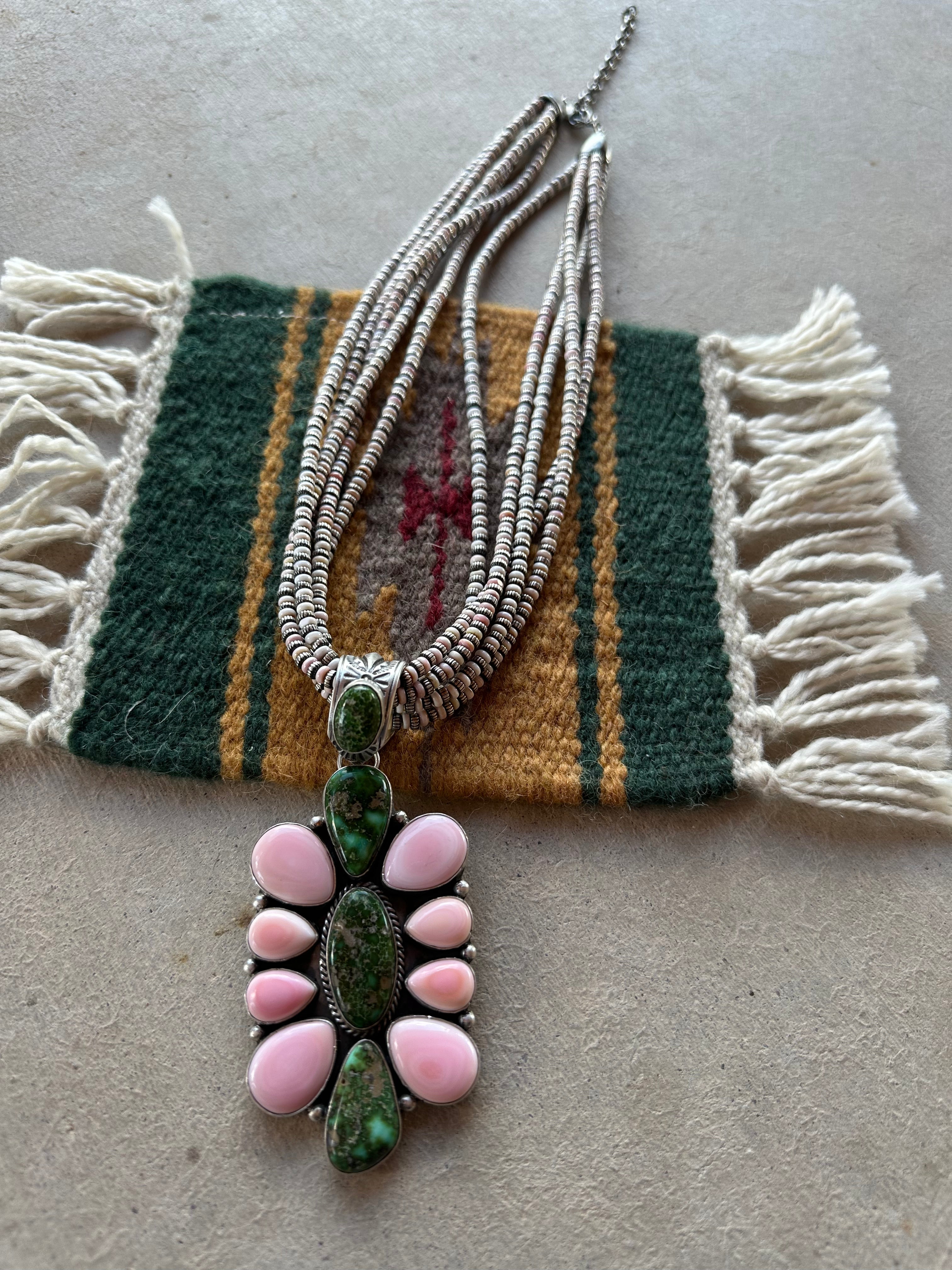 Stunning Navajo Pink Conch & Turquoise Necklace - Artisan Design