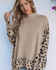 Leopard Mock Neck Side Slit Sweater