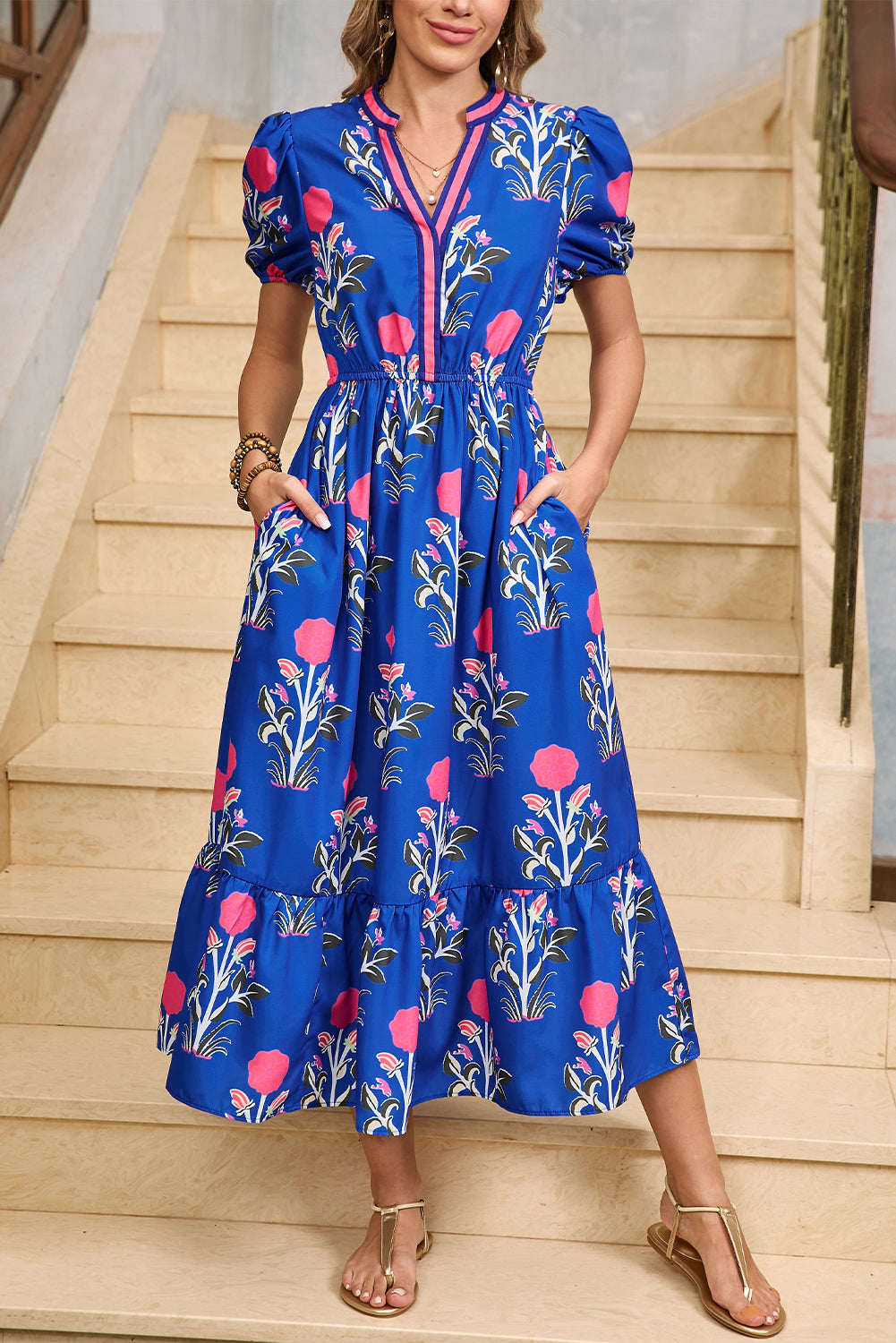 Floral Ruffle Hem Pop of Color Neckline Dress