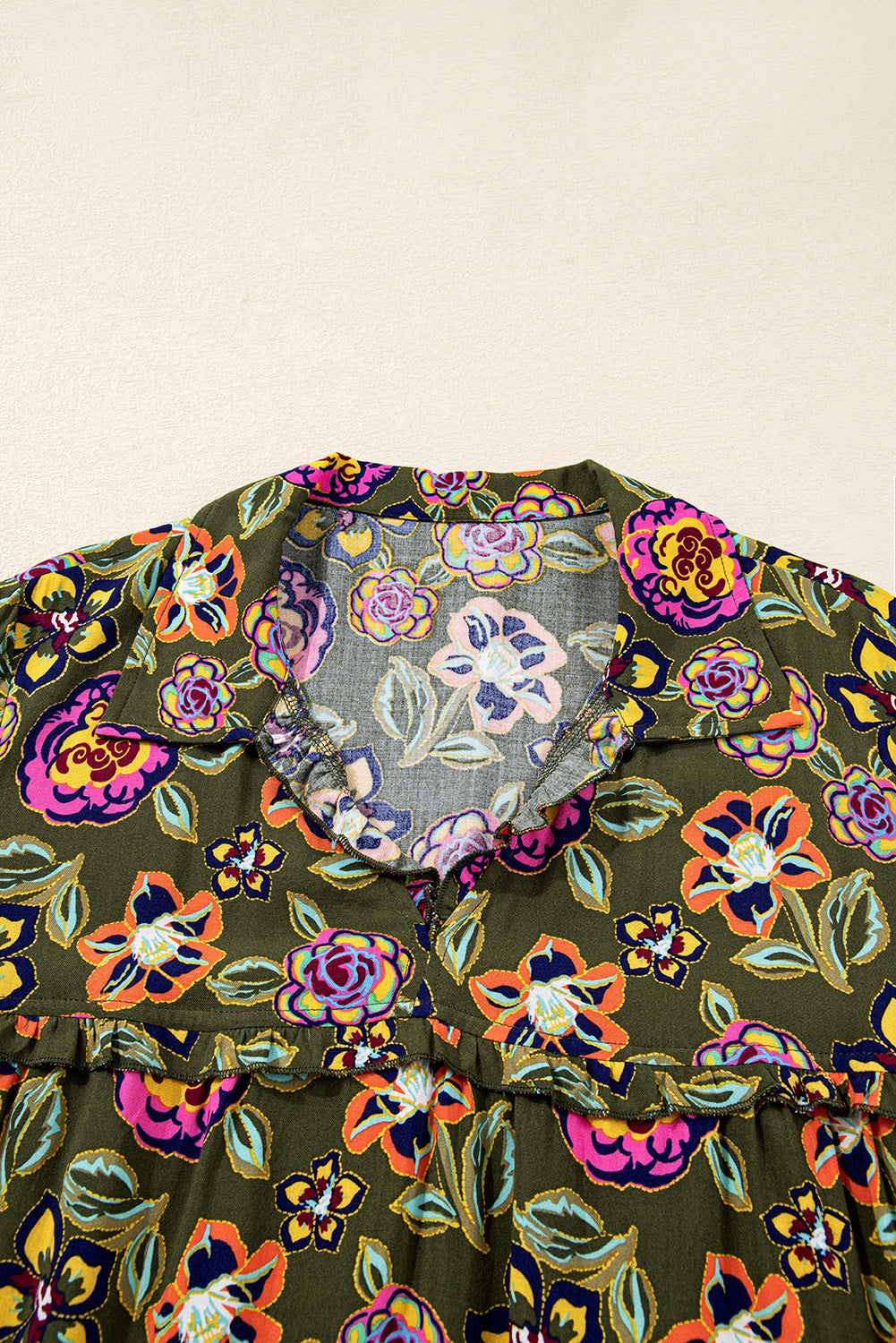 Floral Split Neck Bubble Sleeve Shift Mini Dress