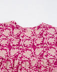 Pink Floral Print Split Neck Pleated Puff Sleeve Blouse