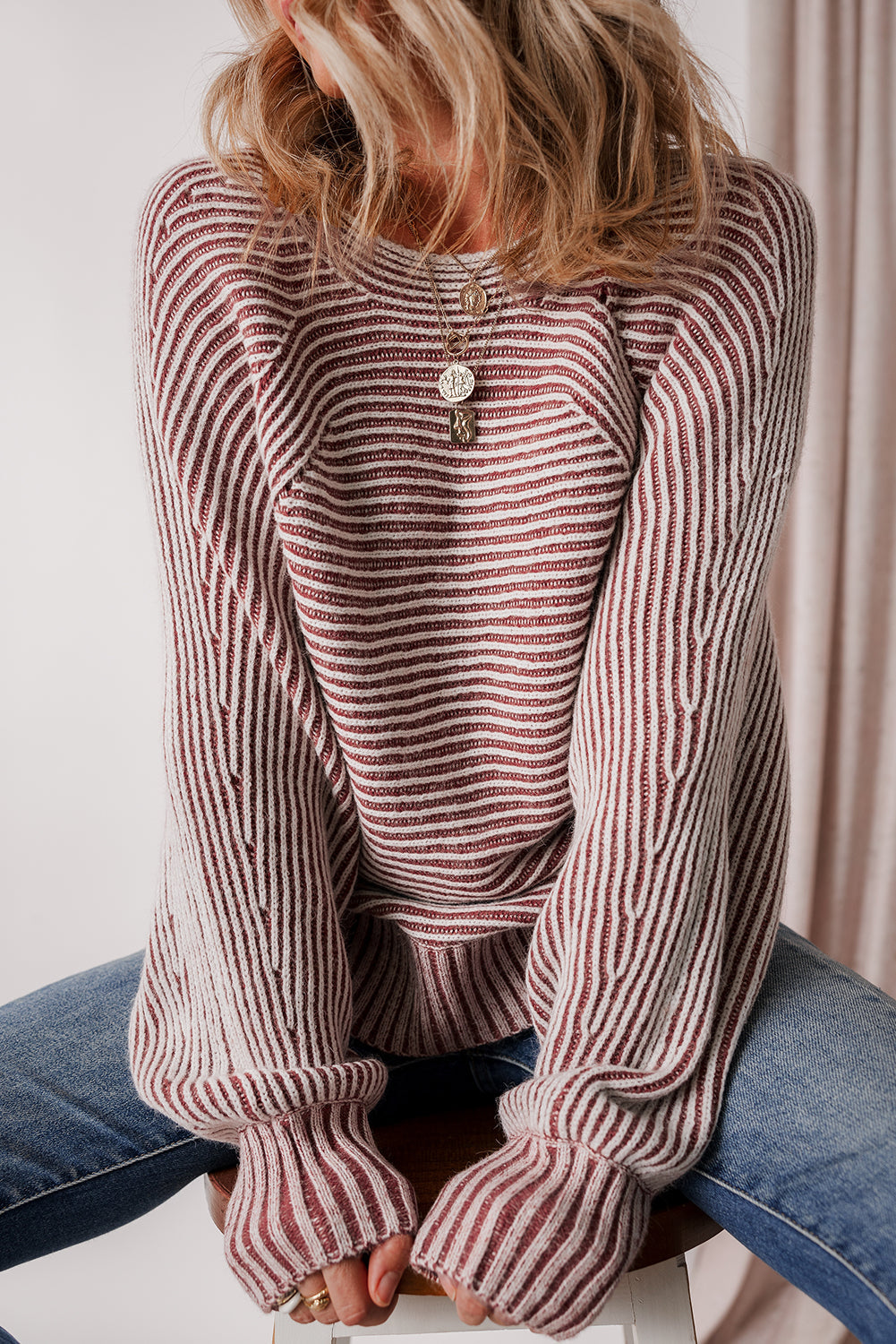 Stripe Ribbed Knit Boat Neck Sweater