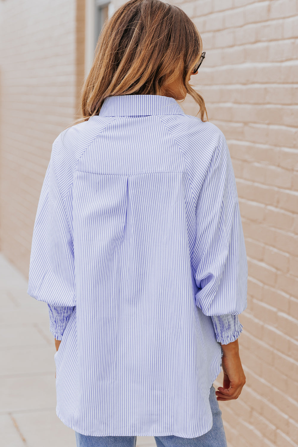 Striped Casual Shirred Cuffs Shirt