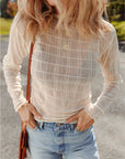 Sheer Plaid Mesh Lettuce Trim Long Sleeve Top