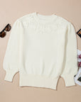 Floral Textured Puff Sleeve Round Neck Sweater