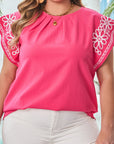Pus Size Floral Embroidered Pleated Blouse