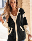 Waffle Knit Colorblock Patchwork Buttoned Hoodie