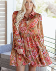 Floral Half-Button Long Sleeve Ruffle Mini Dress