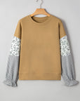 Floral Stripe Patchwork Ruffle Sleeve Crewneck Sweatshirt